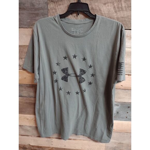 Under Armour Large Men's Army Green Short Sleeve Shirt American Flag Heatgear - Picture 1 of 3